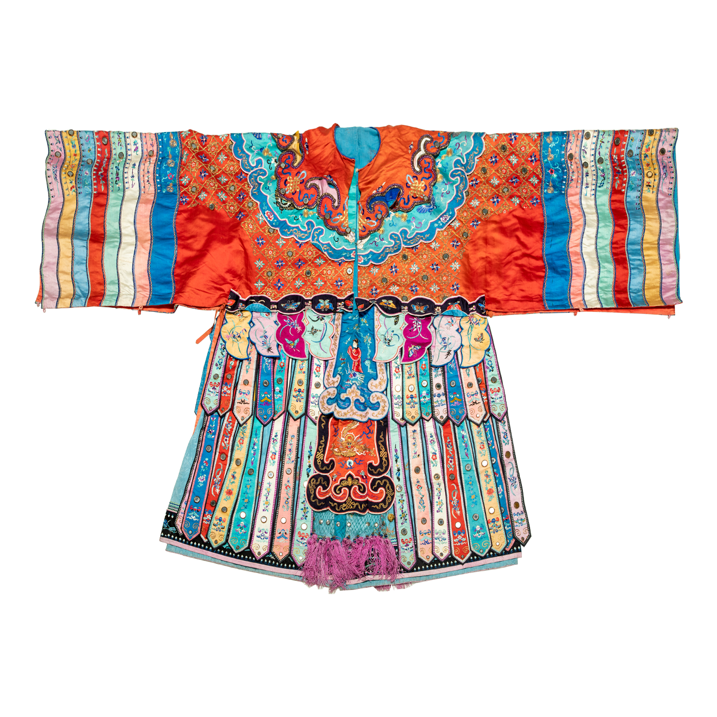   红缎绣百蝶镶嵌镜饰正反两开宫装（帔）