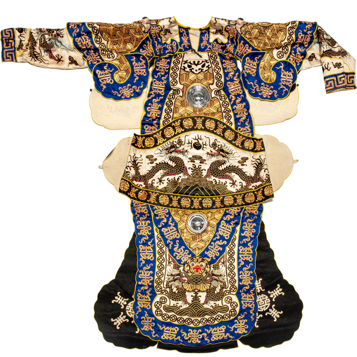   白缎圈蓝边绣圈金黑龙纹黑衬里大靠