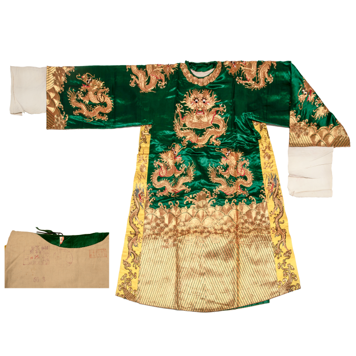   绿缎平金绣团龙明黄摆蟒