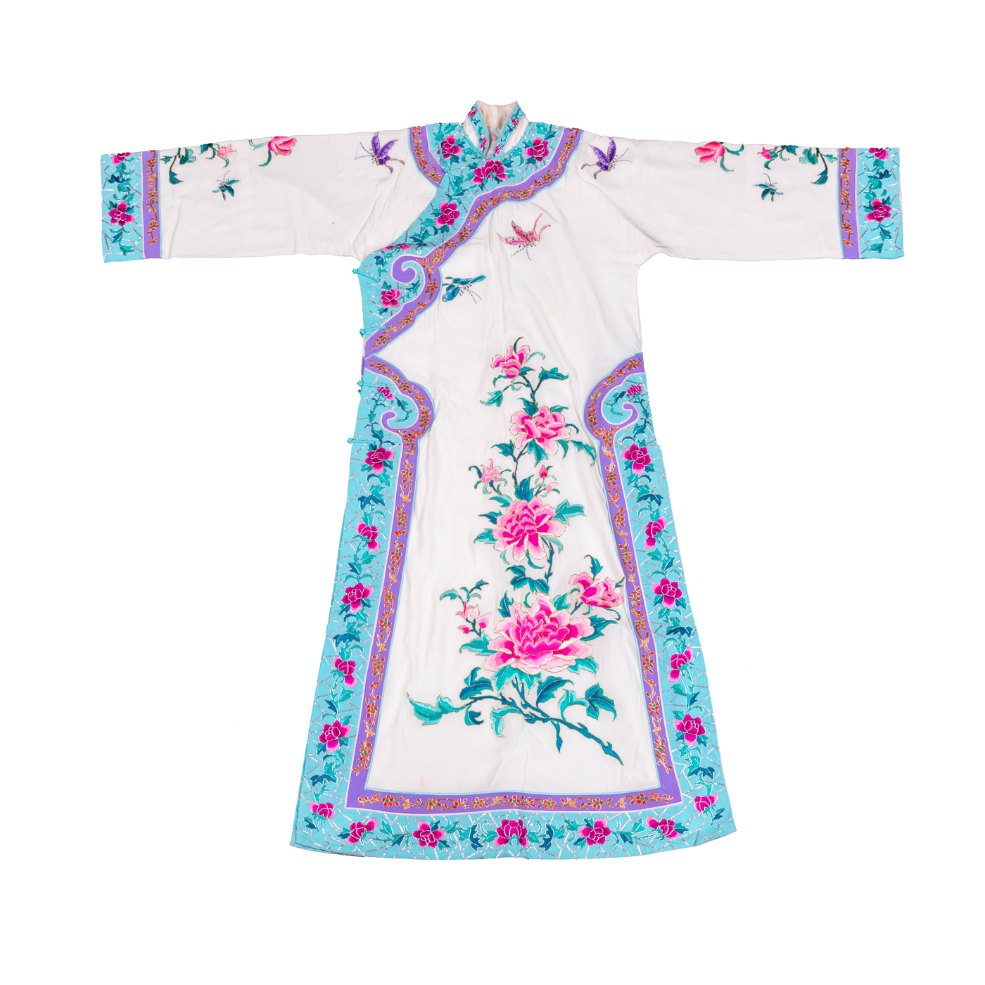   白绣牡丹花圈湖色花边旗袍