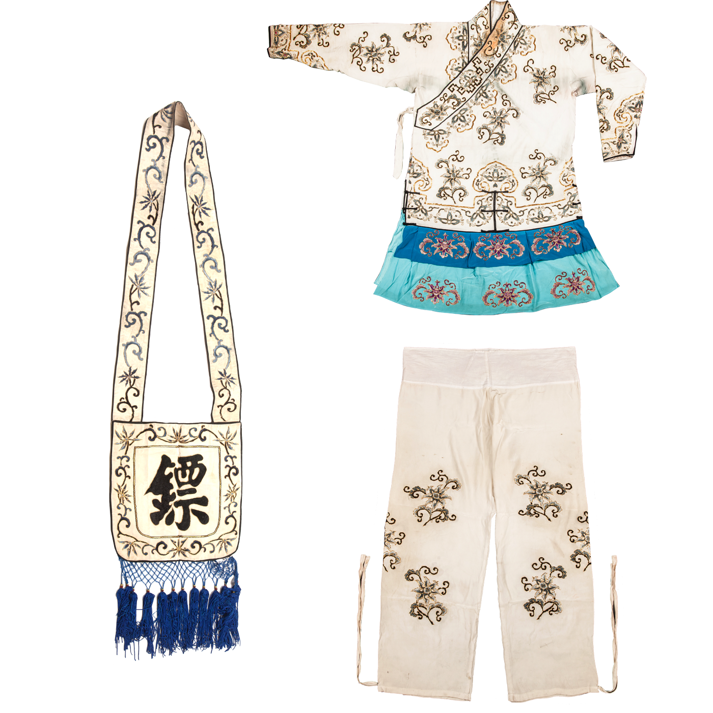   白三灰绣栀子花卷草纹抱衣裤 含镖囊