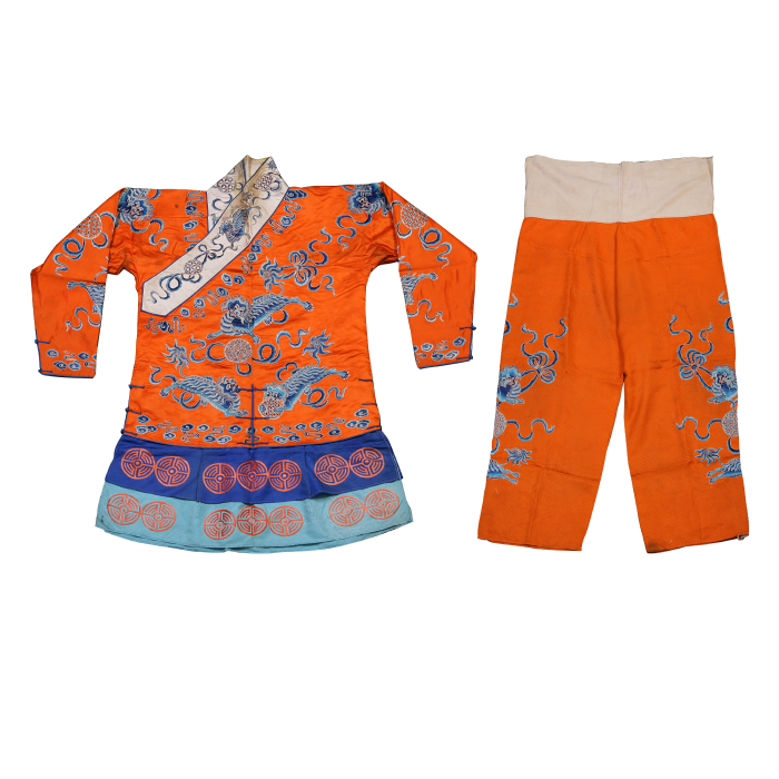  杏黄三蓝绣十字滚绣球抱衣裤