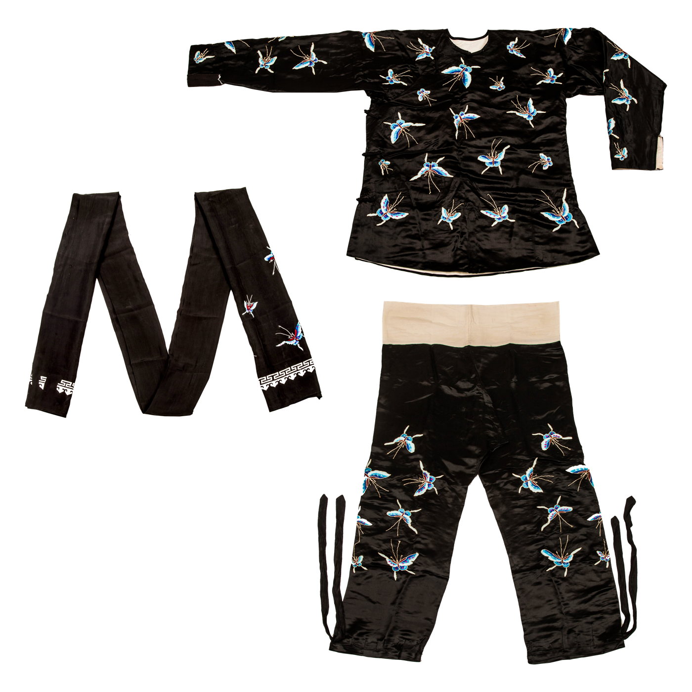   黑缎绣百蝶挎衣裤 含腰巾子